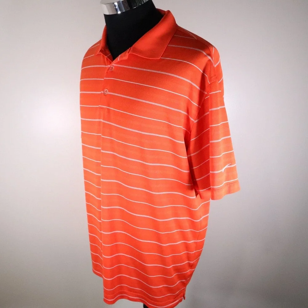 Nike Golf Polo Shirt Mens Large‎ Dri-Fit Performance Orange Striped Short Sleeve